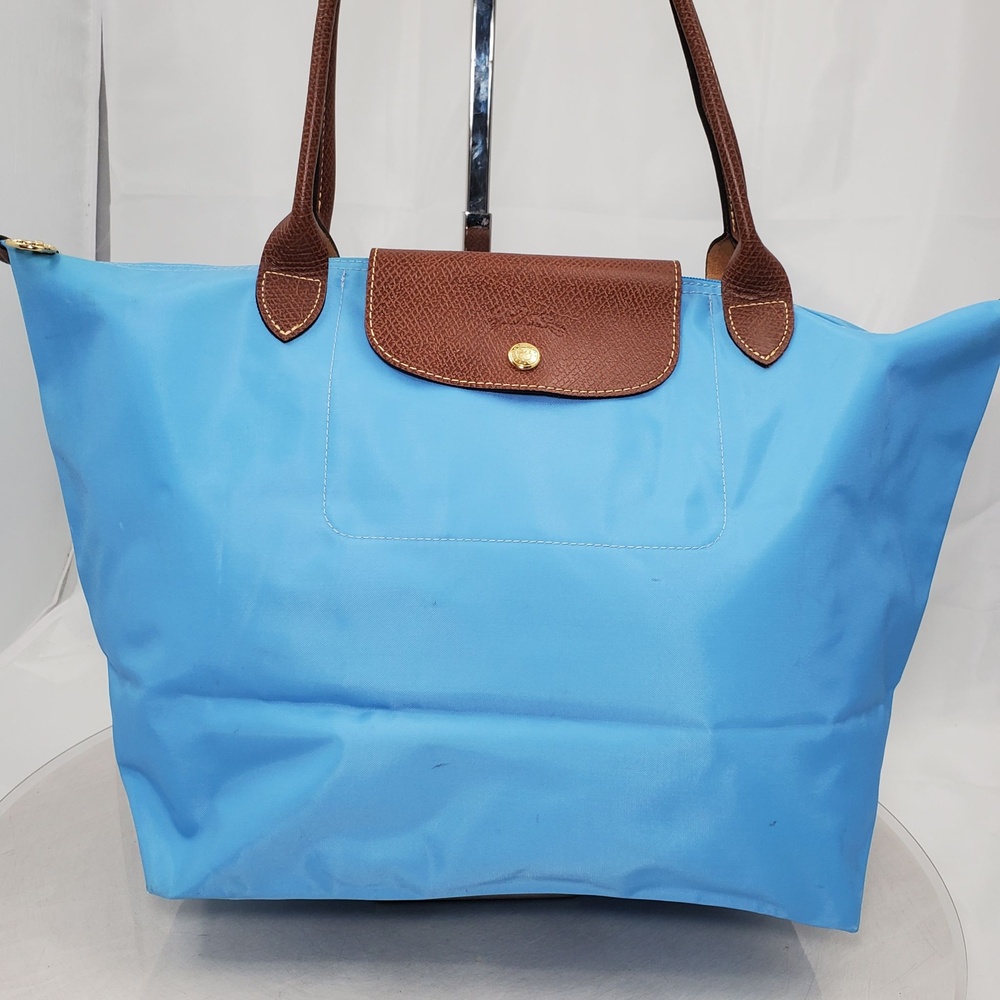 Longchamp Le Pliage Large Nylon Large Shoulder Tote Bag Blue Brown Shopper - Picture 2 of 16